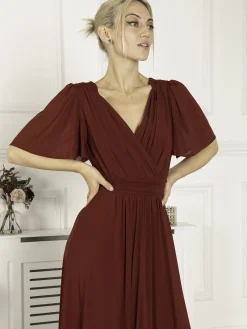 Flute Sleeve Mesh Maxi Dress, Burgundy