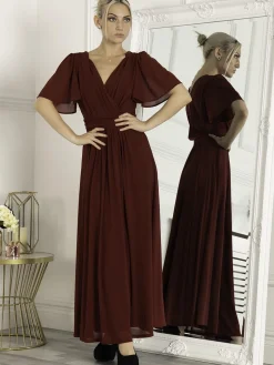 Flute Sleeve Mesh Maxi Dress, Burgundy