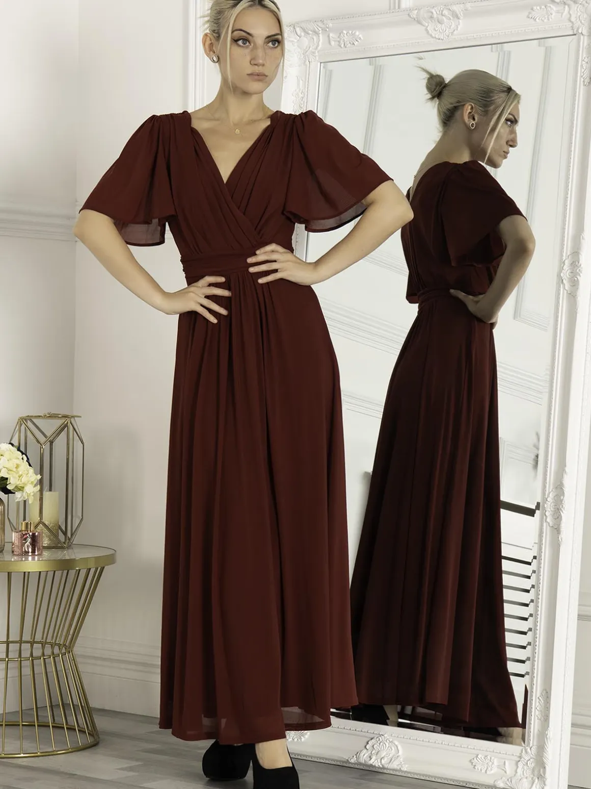 Flute Sleeve Mesh Maxi Dress, Burgundy