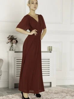 Flute Sleeve Mesh Maxi Dress, Burgundy