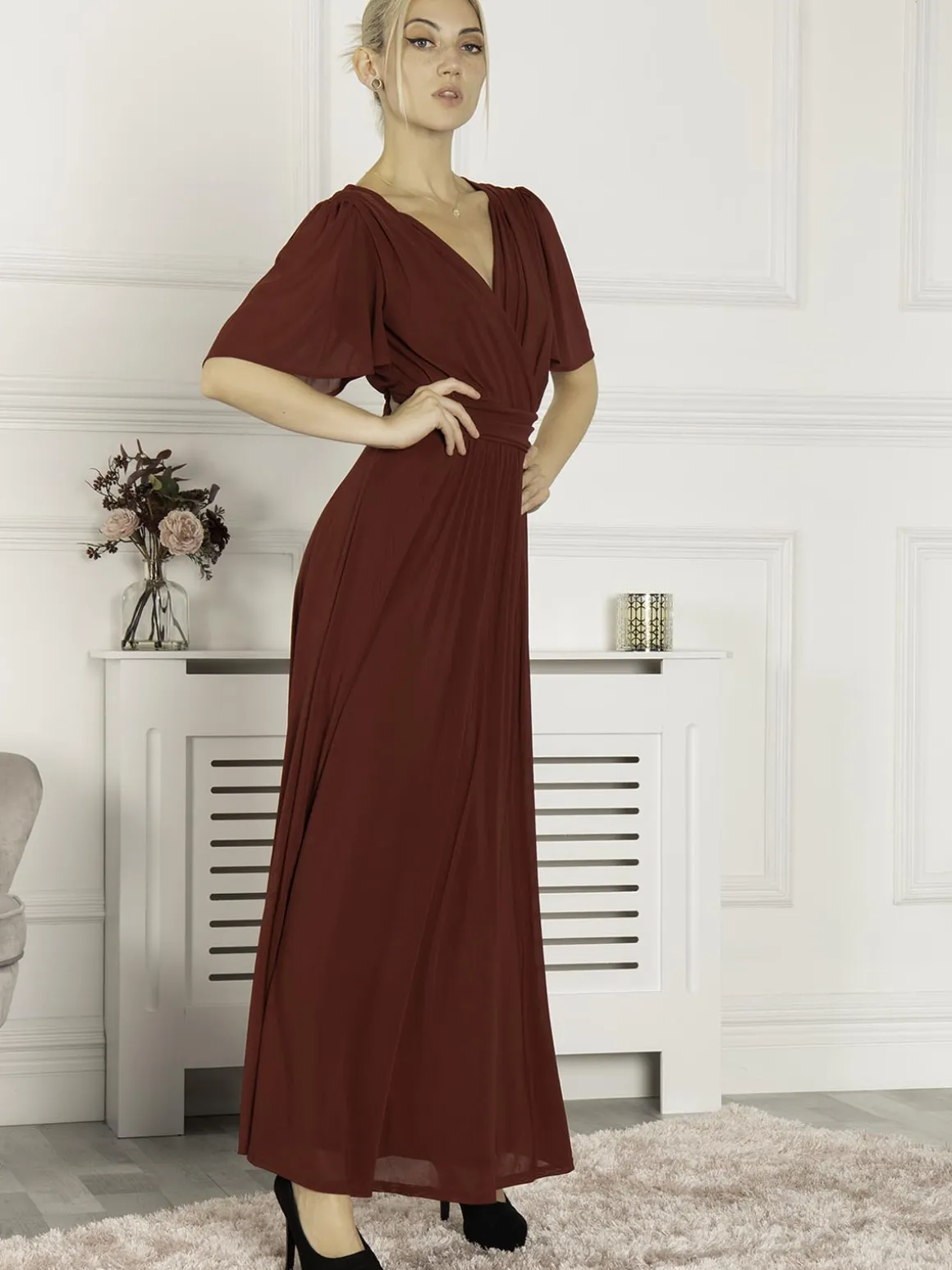 Flute Sleeve Mesh Maxi Dress, Burgundy