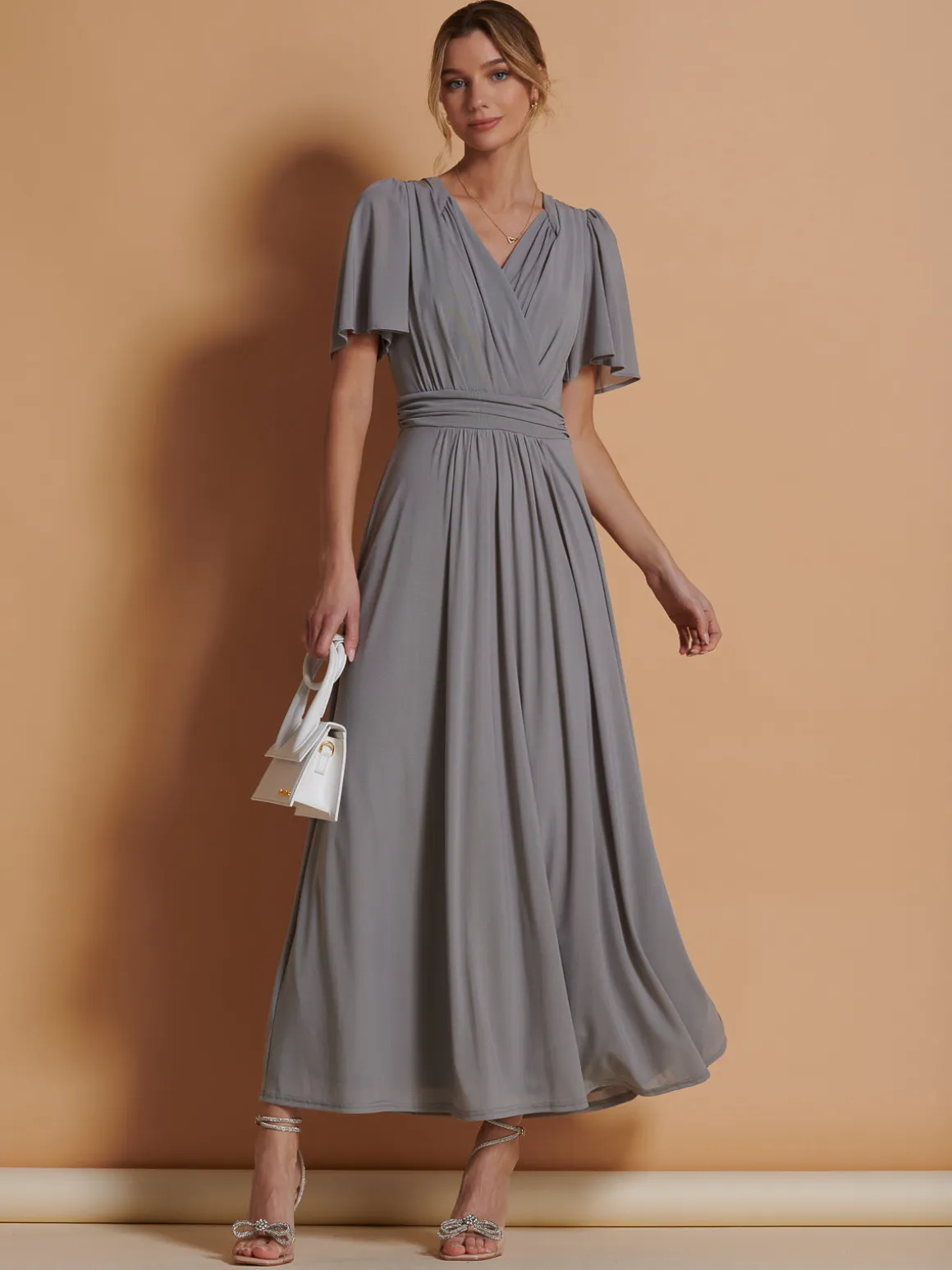 Flute Sleeve Mesh Maxi Dress, Grey