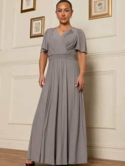 Flute Sleeve Mesh Maxi Dress, Grey