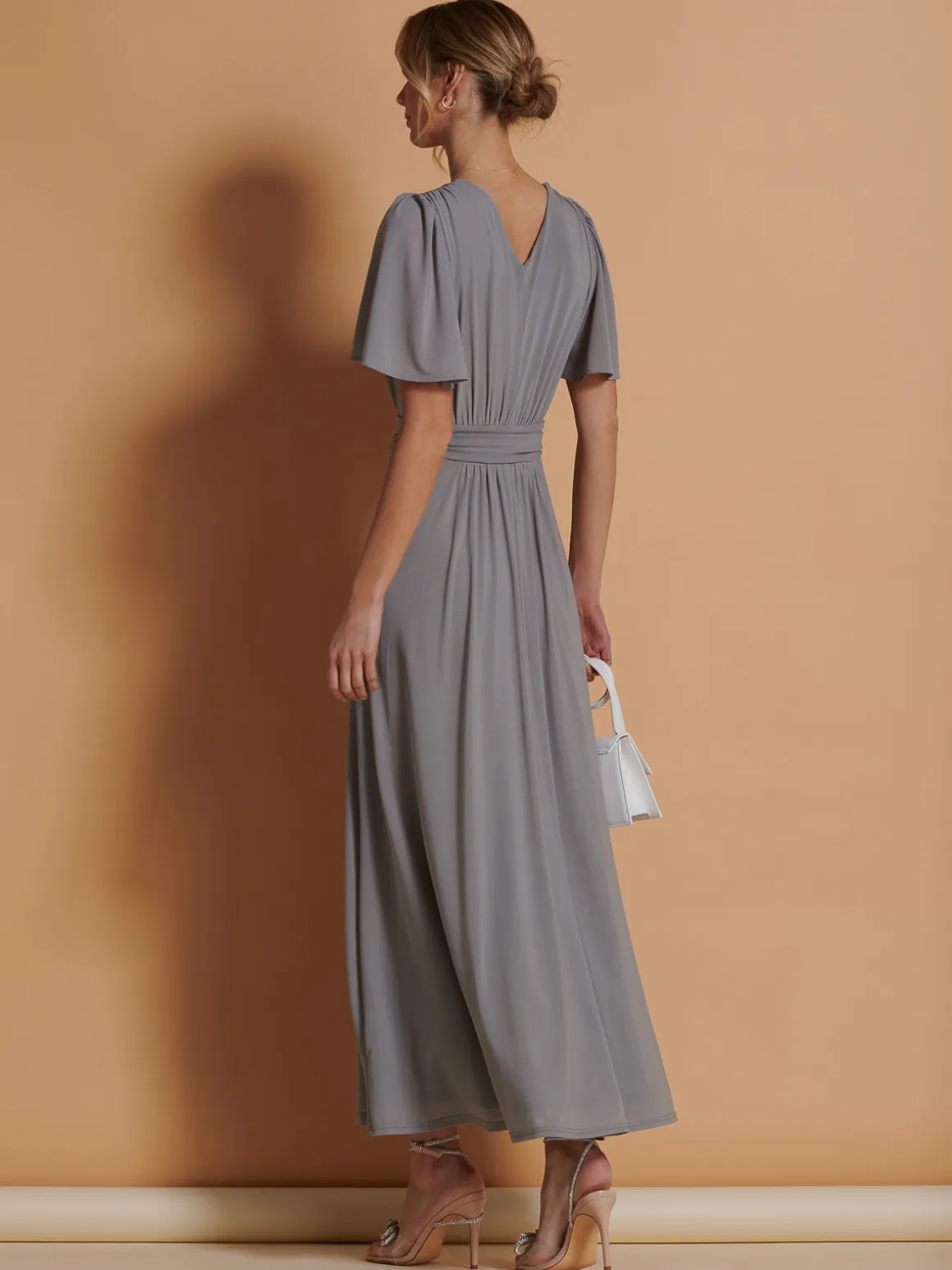 Flute Sleeve Mesh Maxi Dress, Grey