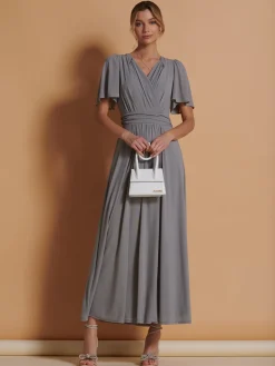 Flute Sleeve Mesh Maxi Dress, Grey