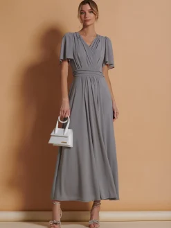 Flute Sleeve Mesh Maxi Dress, Grey