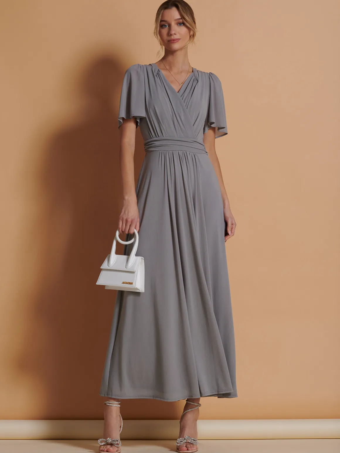 Flute Sleeve Mesh Maxi Dress, Grey