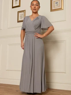 Flute Sleeve Mesh Maxi Dress, Grey