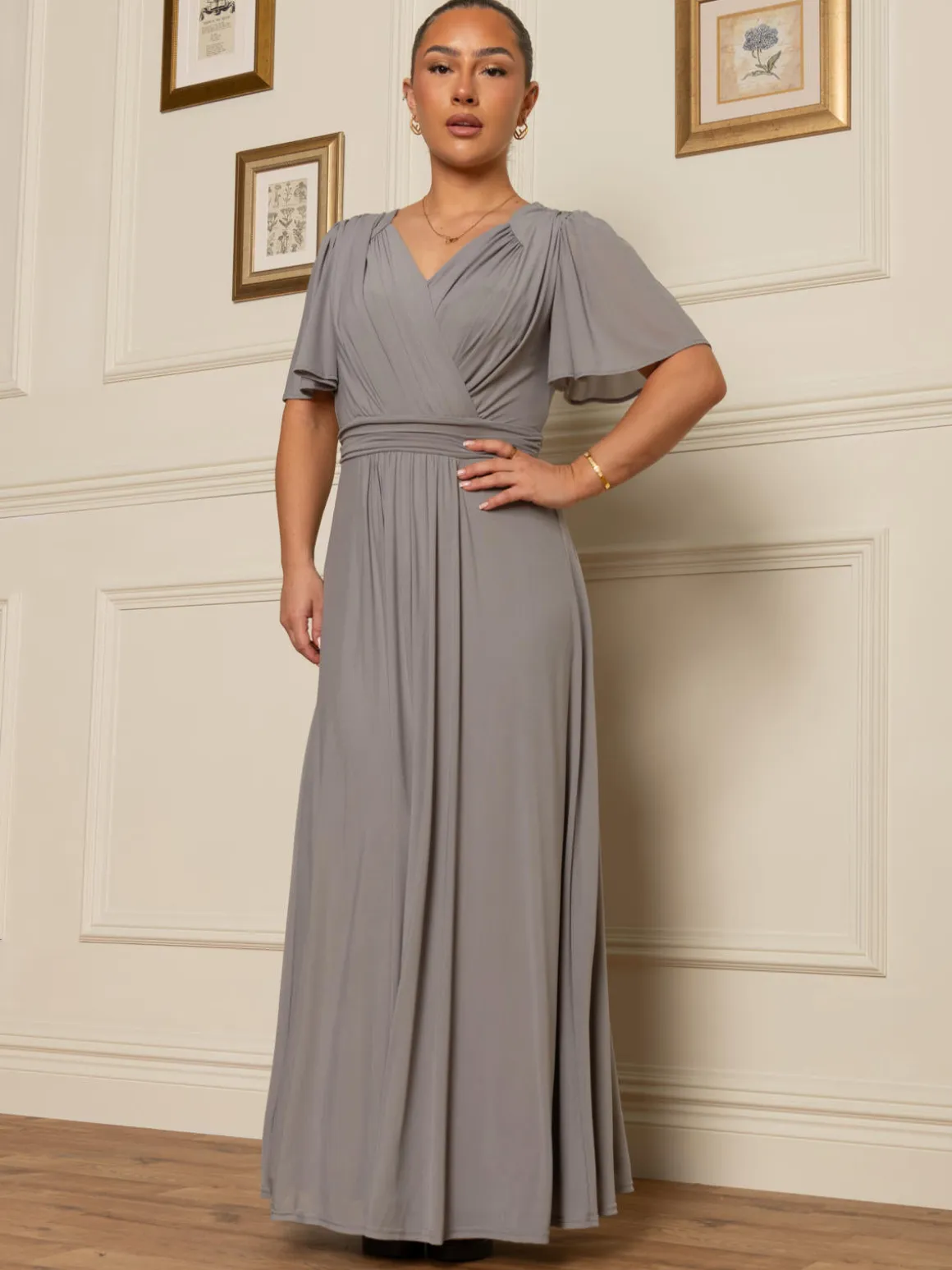 Flute Sleeve Mesh Maxi Dress, Grey
