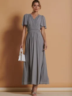 Flute Sleeve Mesh Maxi Dress, Grey