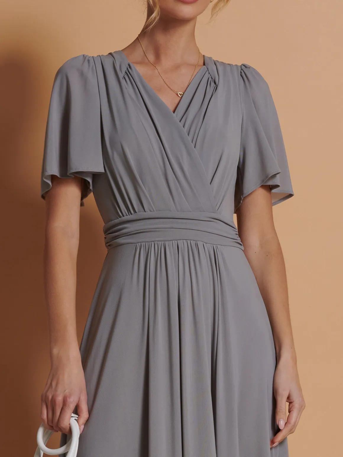 Flute Sleeve Mesh Maxi Dress, Grey