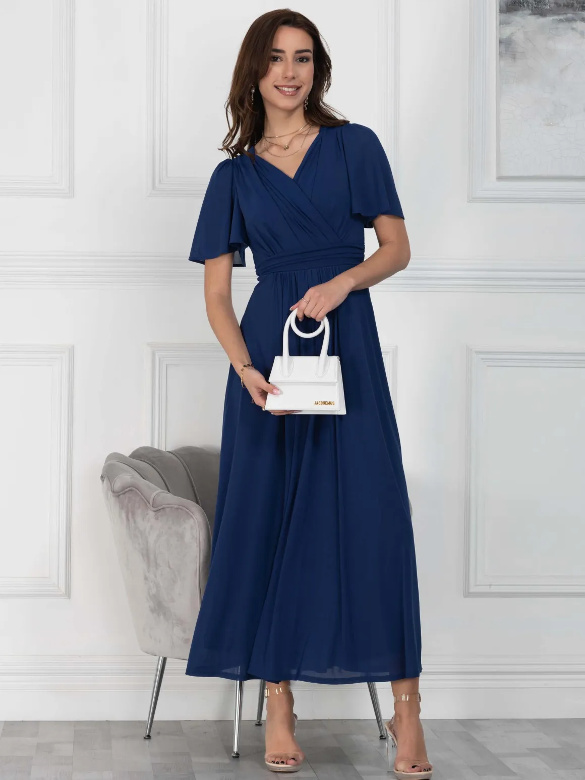 Flute Sleeve Mesh Maxi Dress, Navy