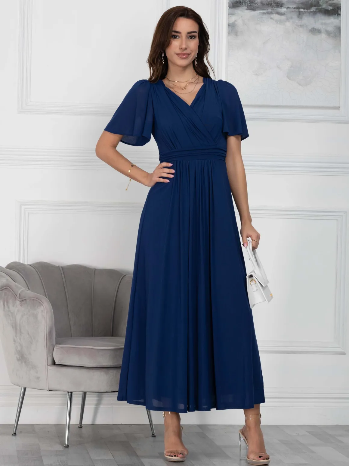 Flute Sleeve Mesh Maxi Dress, Navy