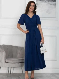 Flute Sleeve Mesh Maxi Dress, Navy