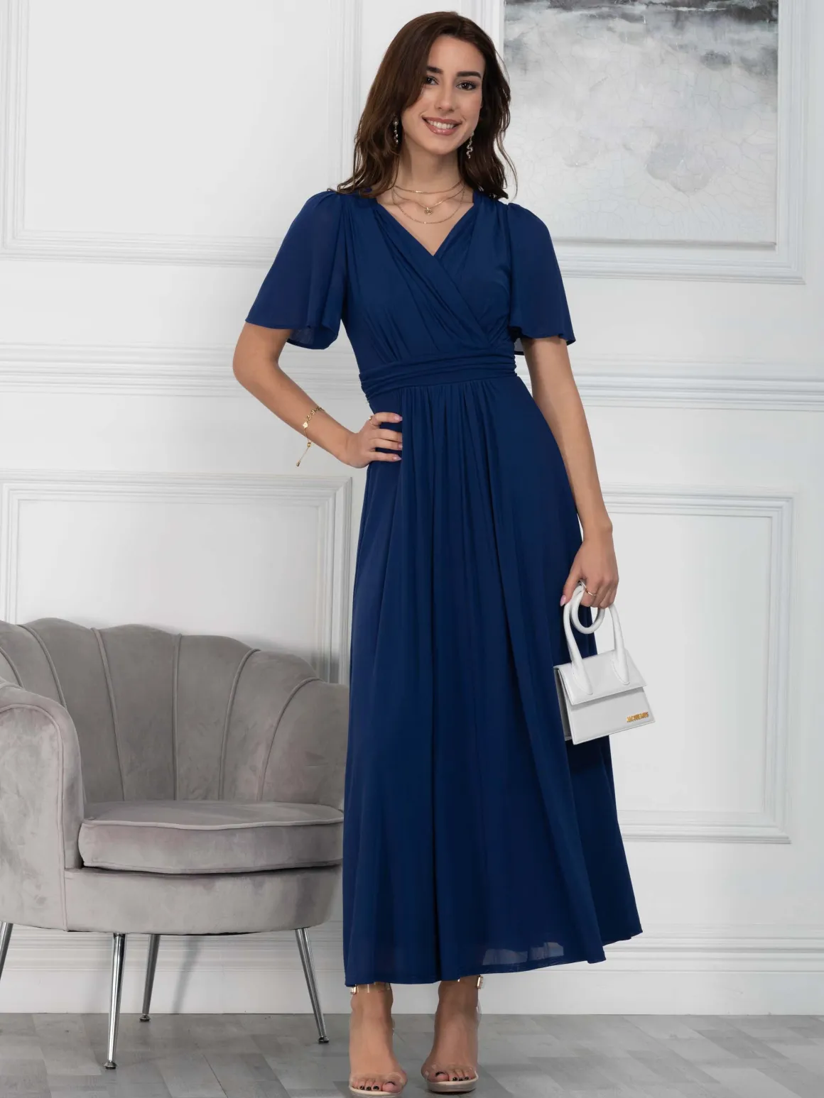 Flute Sleeve Mesh Maxi Dress, Navy