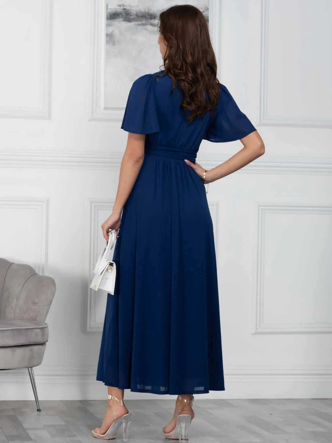 Flute Sleeve Mesh Maxi Dress, Navy