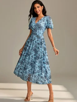 Flutter Sleeve Mesh Midi Dress Blue Floral