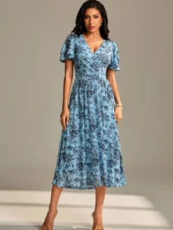 Flutter Sleeve Mesh Midi Dress Blue Floral