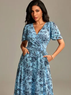 Flutter Sleeve Mesh Midi Dress Blue Floral