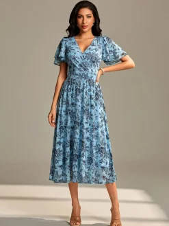 Flutter Sleeve Mesh Midi Dress Blue Floral