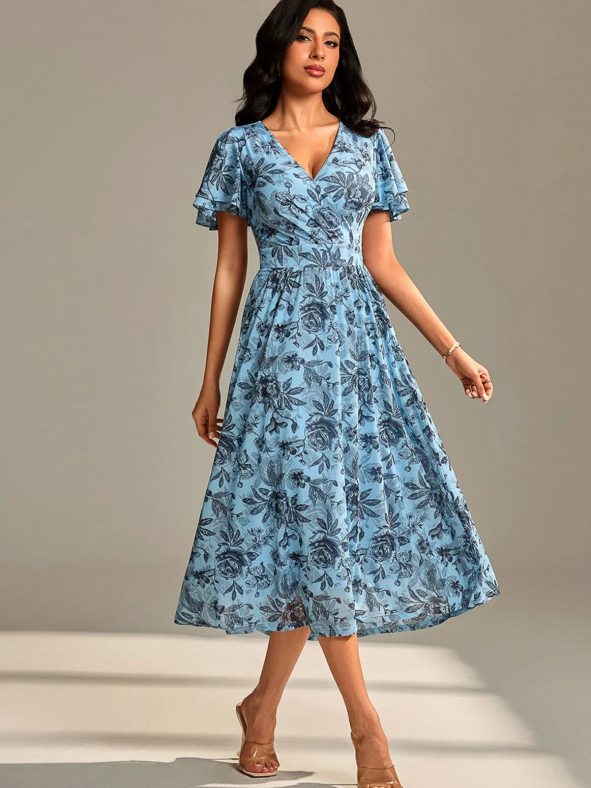 Flutter Sleeve Mesh Midi Dress Blue Floral