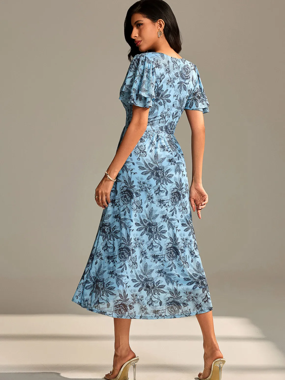 Flutter Sleeve Mesh Midi Dress Blue Floral