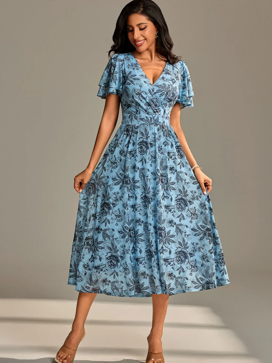 Flutter Sleeve Mesh Midi Dress Blue Floral