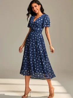 Flutter Sleeve Mesh Midi Dress, Navy Spot