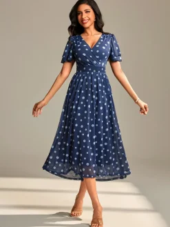 Flutter Sleeve Mesh Midi Dress, Navy Spot