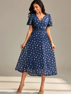 Flutter Sleeve Mesh Midi Dress, Navy Spot