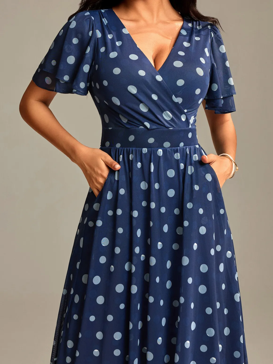 Flutter Sleeve Mesh Midi Dress, Navy Spot