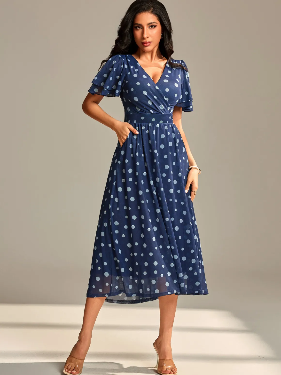 Flutter Sleeve Mesh Midi Dress, Navy Spot