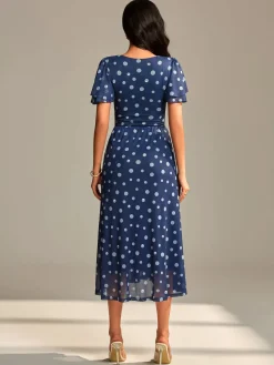 Flutter Sleeve Mesh Midi Dress, Navy Spot
