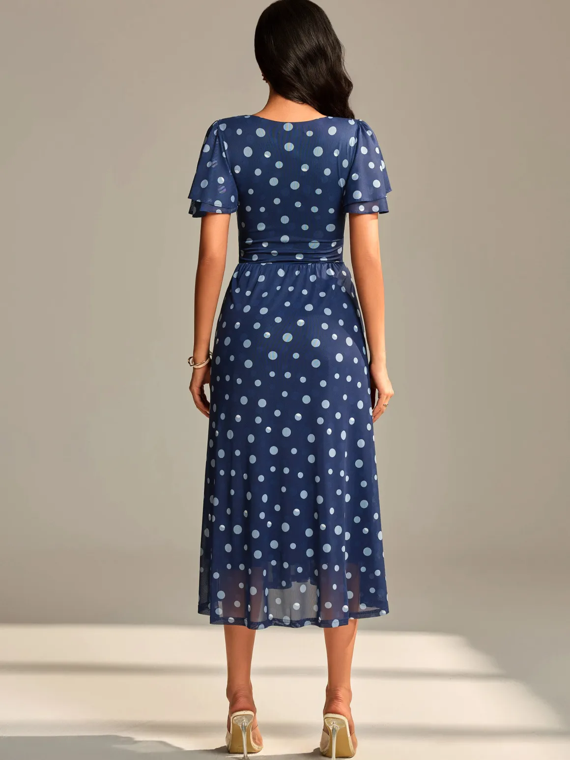 Flutter Sleeve Mesh Midi Dress, Navy Spot