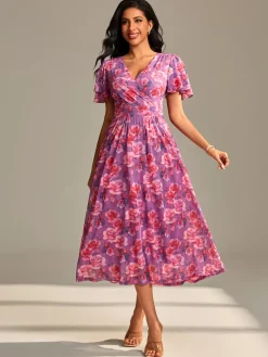 Flutter Sleeve Mesh Midi Dress, Purple floral