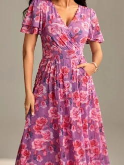 Flutter Sleeve Mesh Midi Dress, Purple floral