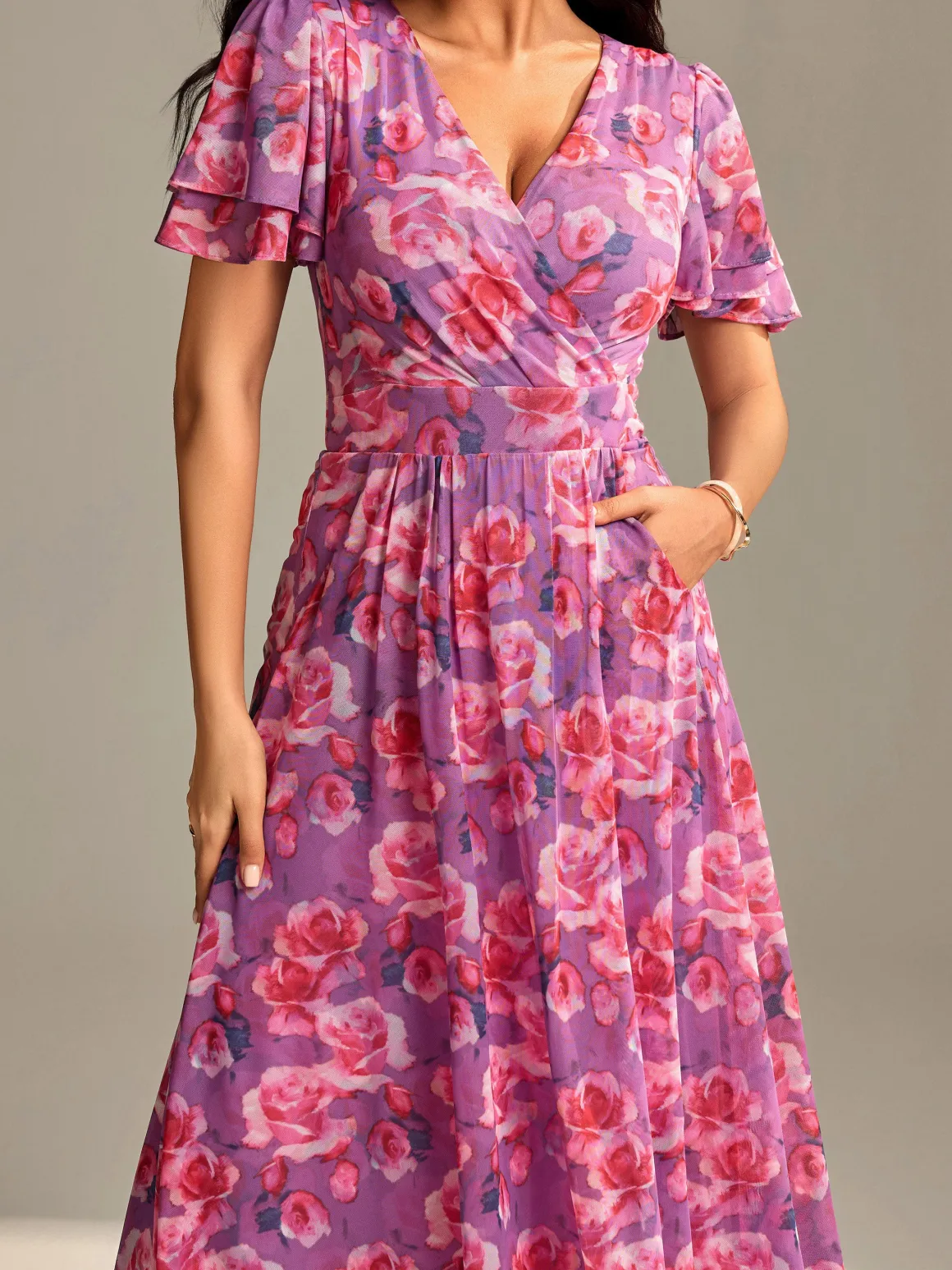 Flutter Sleeve Mesh Midi Dress, Purple floral