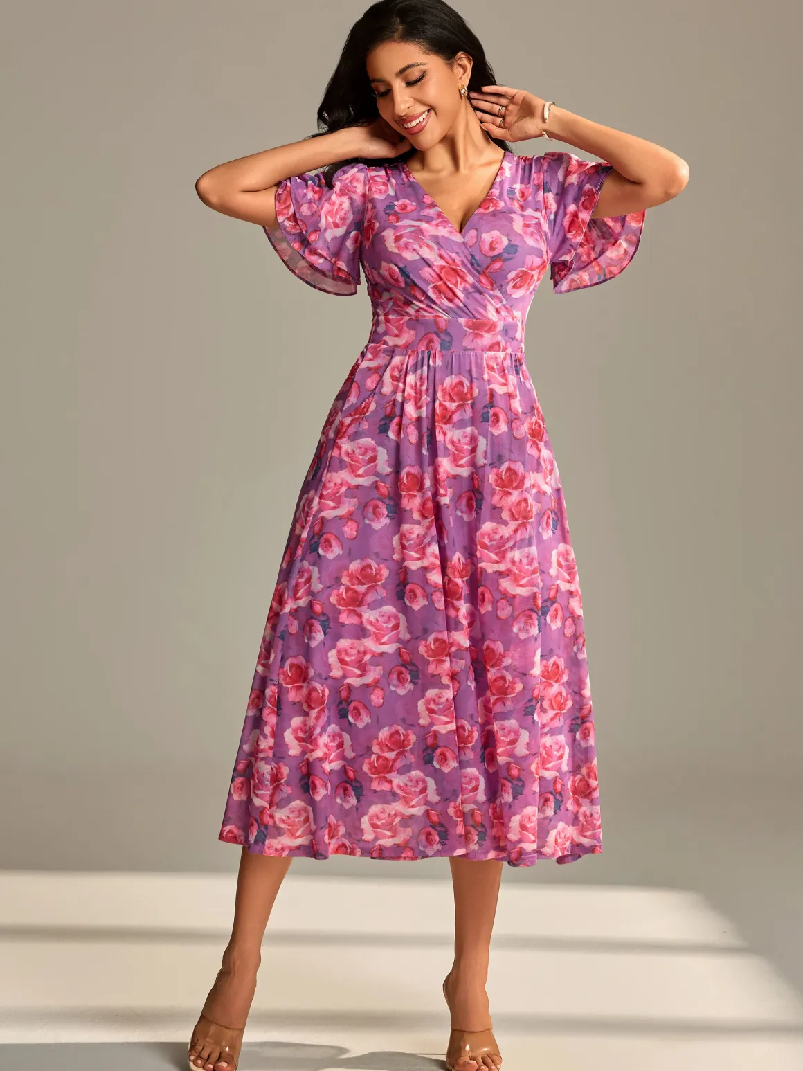 Flutter Sleeve Mesh Midi Dress, Purple floral