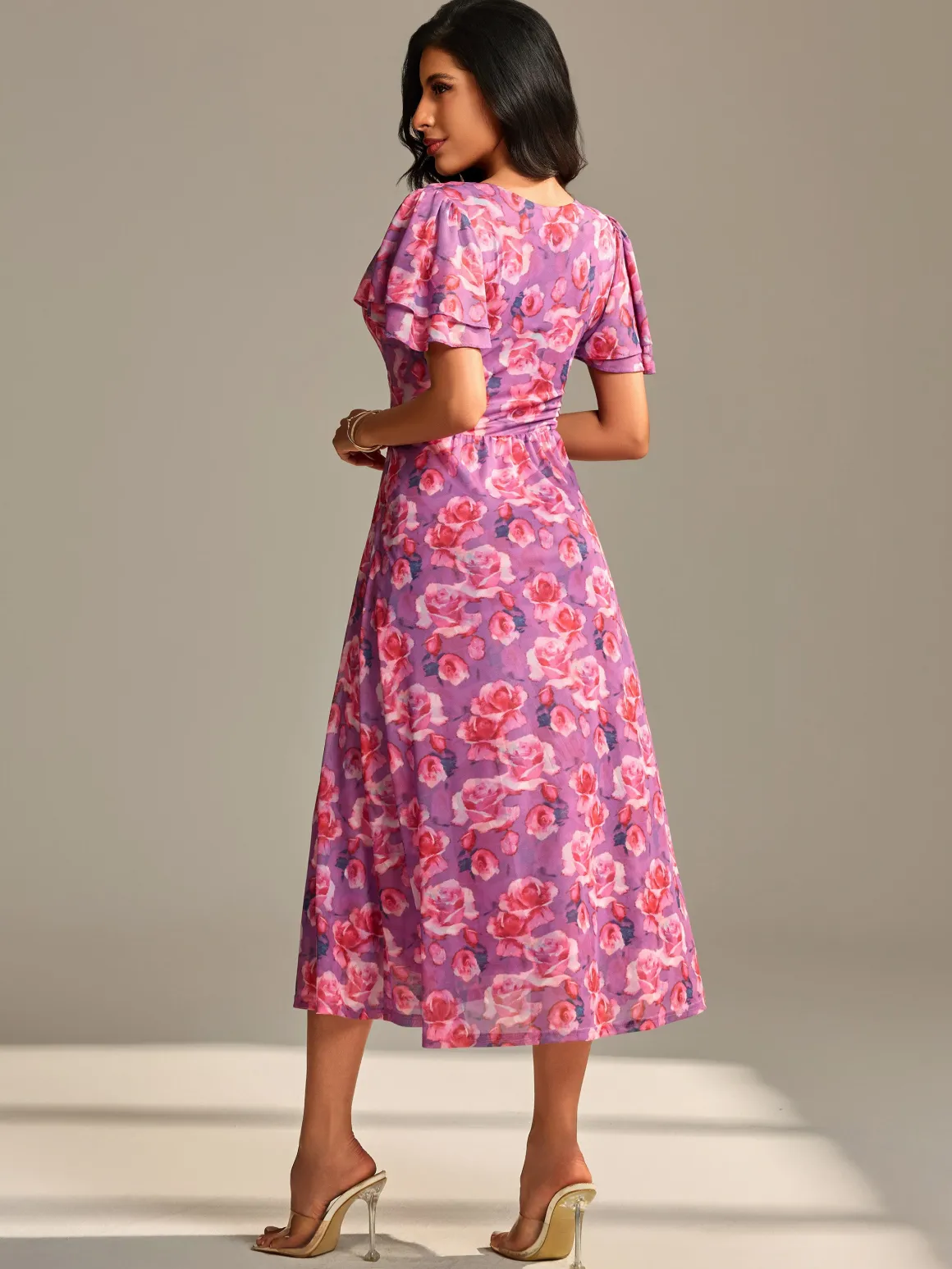 Flutter Sleeve Mesh Midi Dress, Purple floral