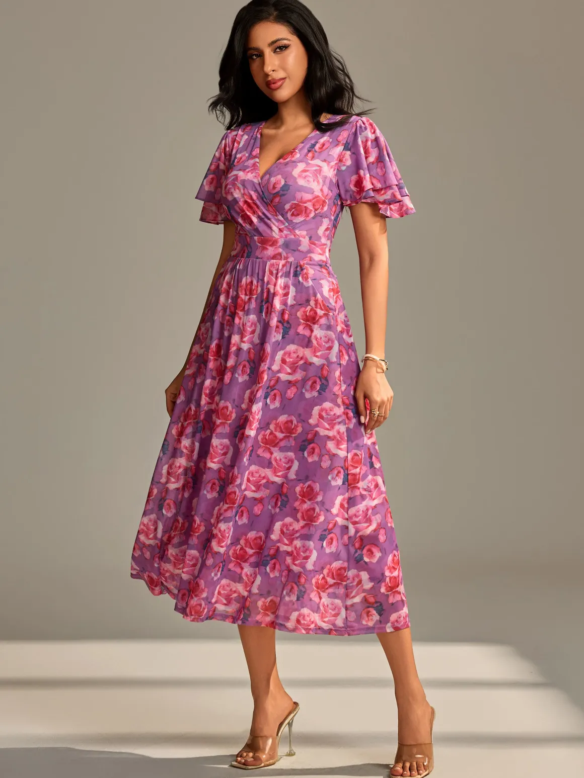Flutter Sleeve Mesh Midi Dress, Purple floral