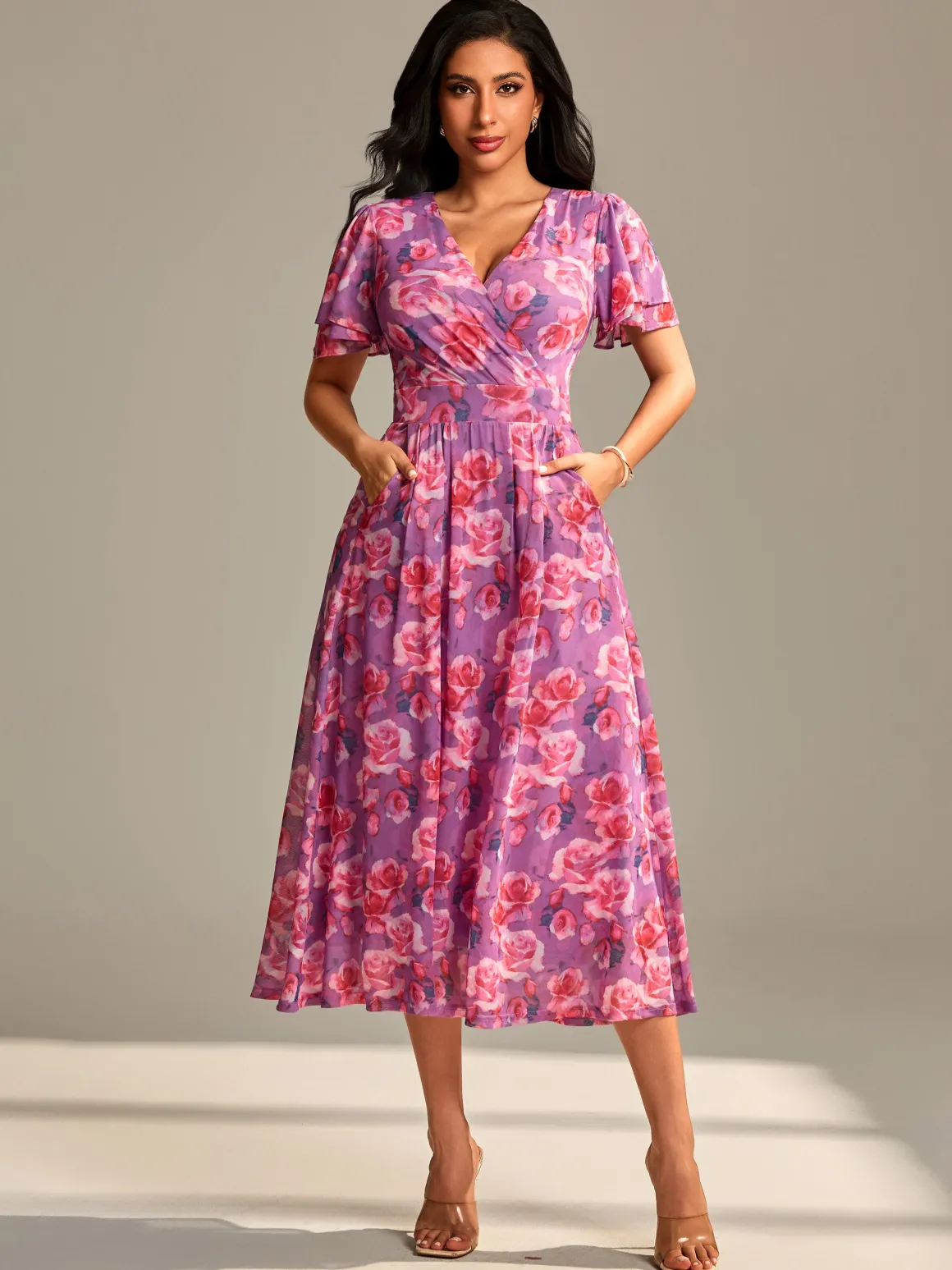 Flutter Sleeve Mesh Midi Dress, Purple floral