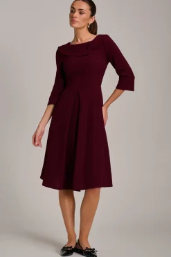 Fold Collar Button Detail Dress, Burgundy