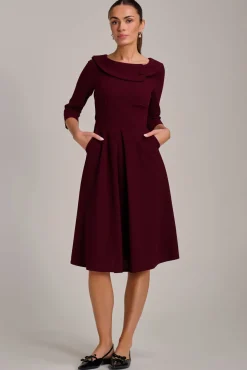 Fold Collar Button Detail Dress, Burgundy