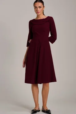 Fold Collar Button Detail Dress, Burgundy