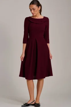 Fold Collar Button Detail Dress, Burgundy