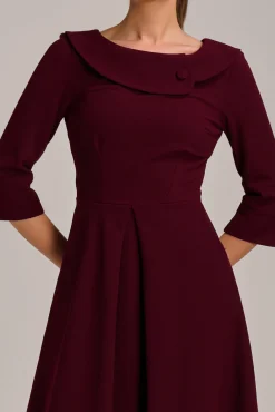 Fold Collar Button Detail Dress, Burgundy
