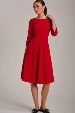 Fold Collar Button Detail Dress, Poppy Red
