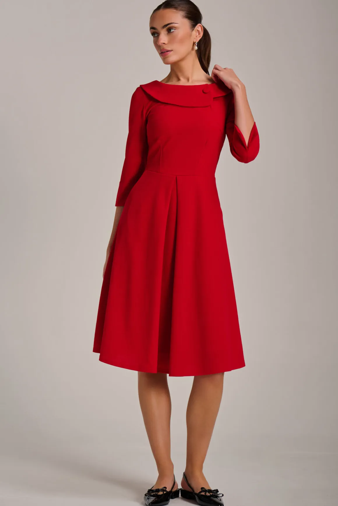 Fold Collar Button Detail Dress, Poppy Red