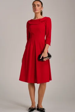 Fold Collar Button Detail Dress, Poppy Red