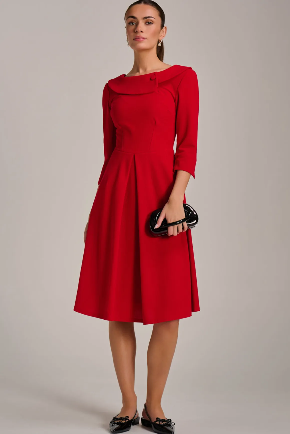 Fold Collar Button Detail Dress, Poppy Red